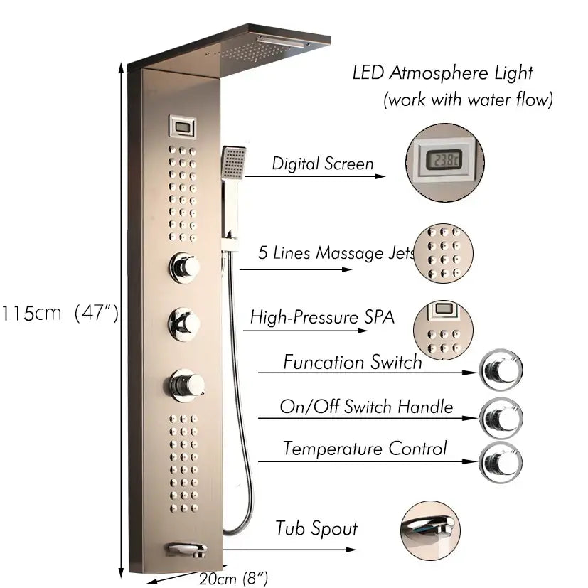 Modern brushed nickel decorbites led panel bath faucet with digital display massage jets and led atmosphere light