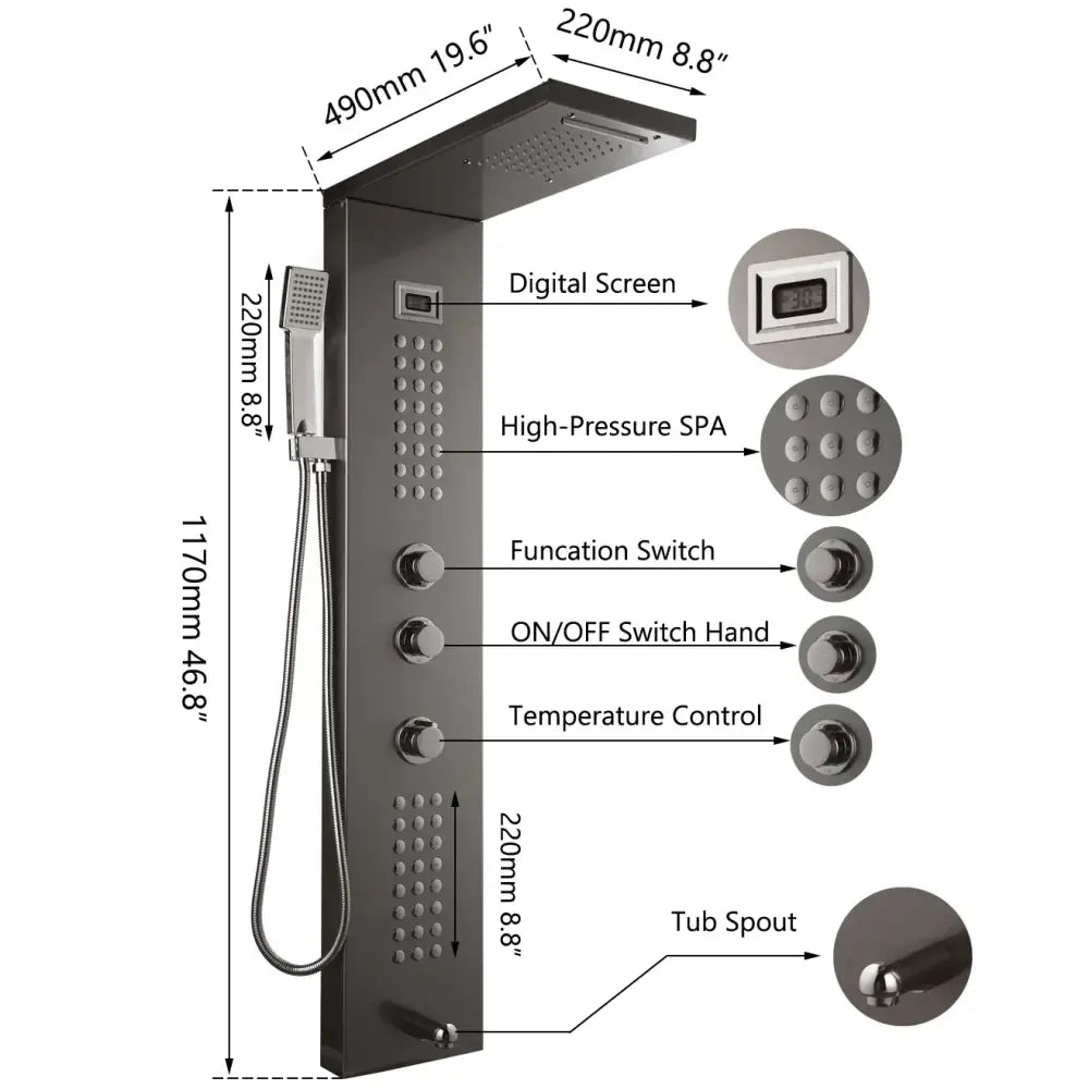 Black matte DecorBites led panel bath faucet with digital display, chrome accents, rainhead, and massage spa jets