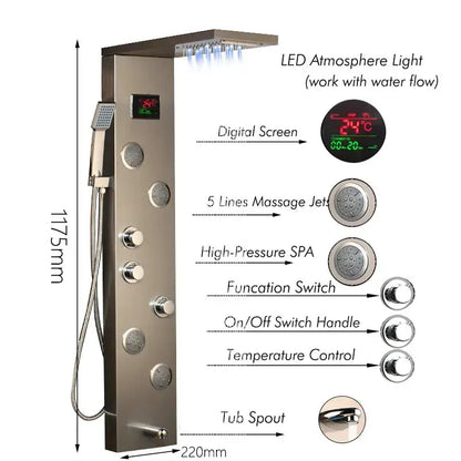 Modern brushed nickel DecorBites led panel bath faucet with digital temperature display and multiple massage spa jets