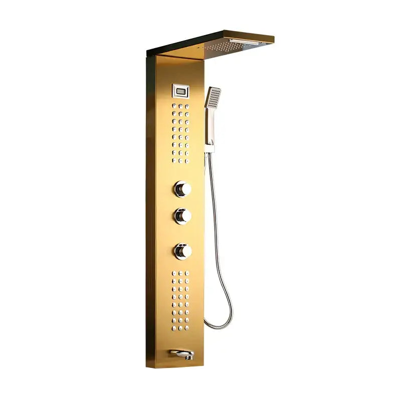 Gold-finished decorbites led panel bath faucet with large rainhead, digital display, and massage spa jets control knobs