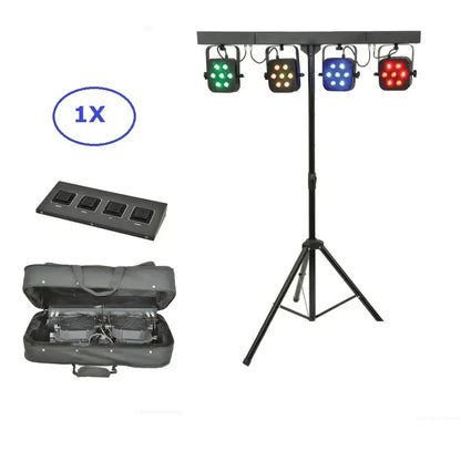 Black metal stand with four color-changing led spotlights mounted, part of DecorBites led par kit with DMX controller
