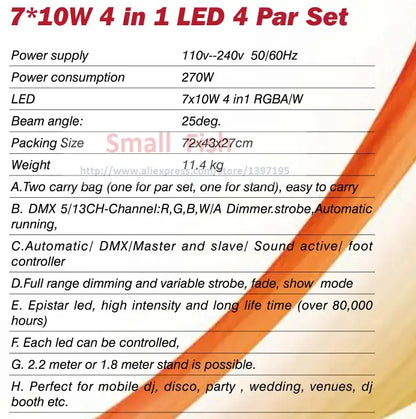 Decorbites led par kit with 4x7x10w rgbwa led 4-in-1 par lights featuring dmx512 control and adjustable strobe functions