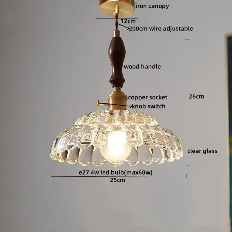 DecorBites led pendant lamp with clear glass shade petal cutouts, dark wood handle, and brass fittings in copper finish
