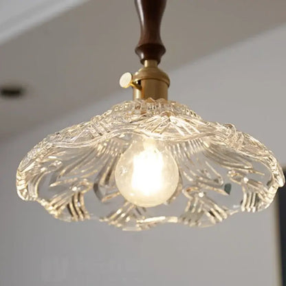 DecorBites led pendant lamp with clear cut glass shade brass fixture and dark wood stem modern pendant light