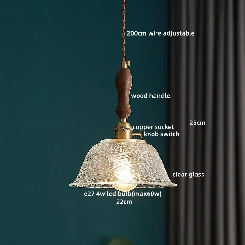 Decorbites led pendant lamp with warm-toned textured glass shade brass copper socket dark wood handle 200cm wire suspension