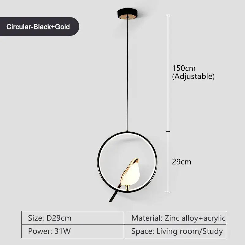 Decorbites™ led pendant lamp with black and gold circular frame and leaf-shaped acrylic shade for bedroom interior lighting