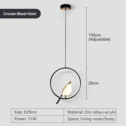 Decorbites™ led pendant lamp with black and gold circular frame and leaf-shaped acrylic shade for bedroom interior lighting