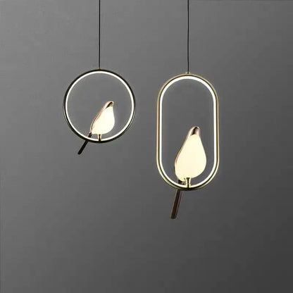 Decorbites™ led pendant lamp with sleek gold and black minimalist frames and illuminated bird-shaped bulbs for bedroom use