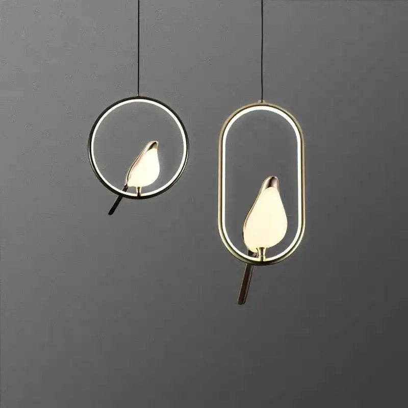 Decorbites™ led pendant lamp with sleek gold and black minimalist frames and illuminated bird-shaped bulbs for bedroom use