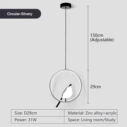 Decorbites™ led pendant lamp with circular silvery acrylic shade and zinc alloy frame, adjustable 150cm hanging length