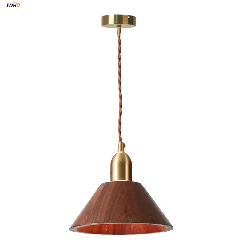 A warm-toned walnut wood decorbites led pendant lamp with brass-finished metal fixture and twisted cord pendant light