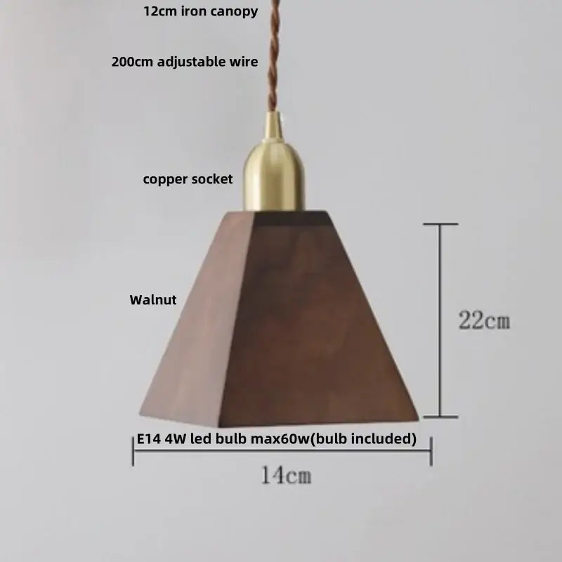 Warm-toned decorbites led pendant lamp in walnut wood with brass copper socket and adjustable wire suspension