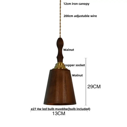 DecorBites™ LED pendant lamp with walnut wood bell-shaped shade, copper socket, and adjustable iron wire suspension