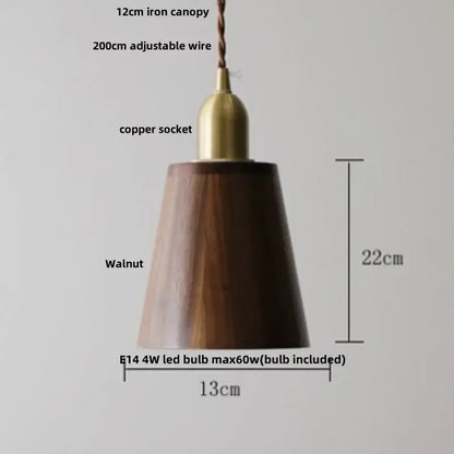 Decorbites led pendant lamp with dark walnut wood shade copper socket and adjustable wire suspension pendant light
