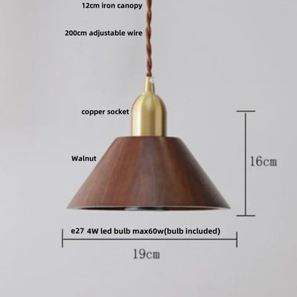A warm-toned walnut wood DecorBites LED pendant lamp with brass copper socket and adjustable iron canopy pendant light