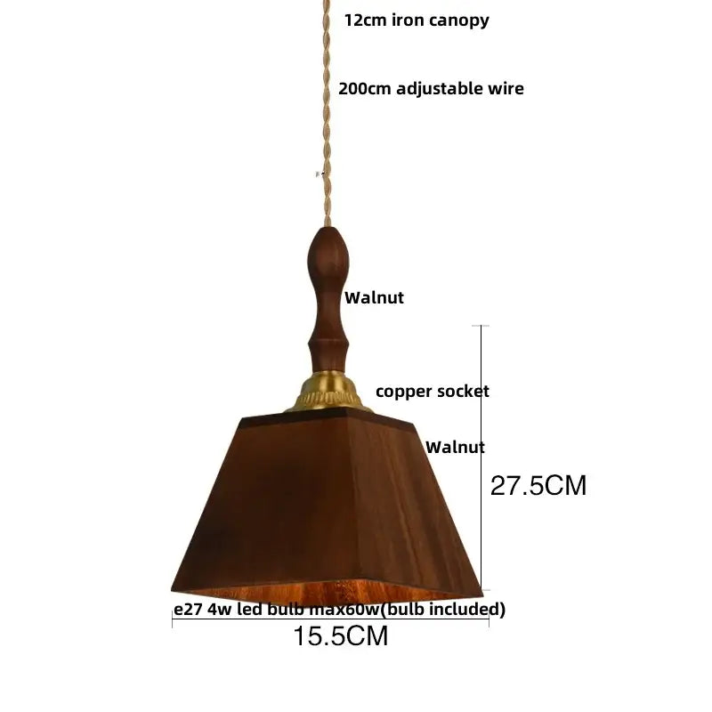 Decorbites led pendant lamp in dark walnut wood with brass copper socket and 12cm iron canopy pendant light