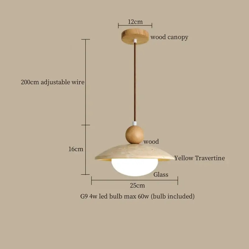 Minimalist decorbites led pendant light with warm wood canopy yellow travertine shade and adjustable wire