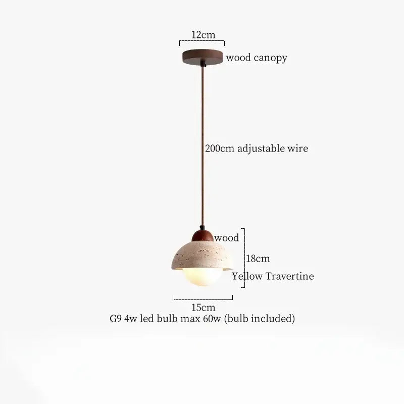A warm-toned decorbites led pendant lamp with yellow travertine shade and rustic wood canopy pendant light