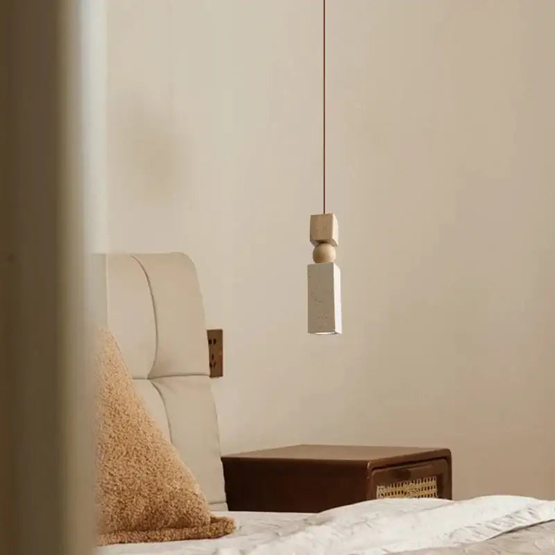 Decorbites led pendant lamp with natural wood and matte white concrete geometric design and slender brown cord pendant light