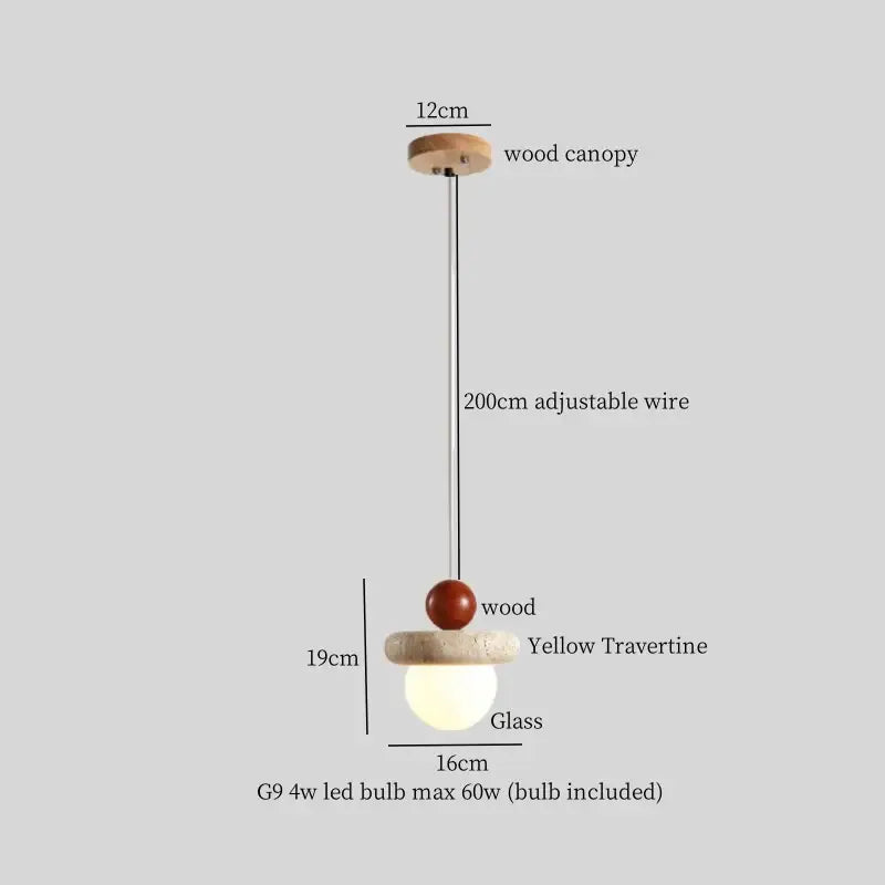 Decorbites led pendant lamp with wooden canopy glass globe and yellow travertine accents modern pendant light
