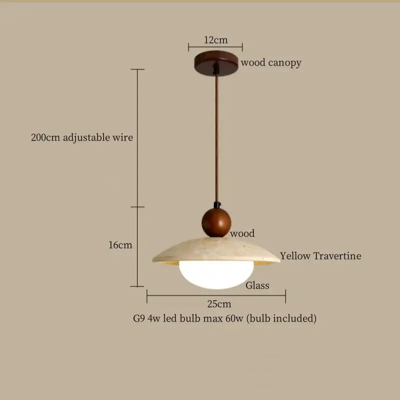 Decorbites led pendant lamp with warm wood canopy, wooden sphere, and yellow travertine shade with glass globe