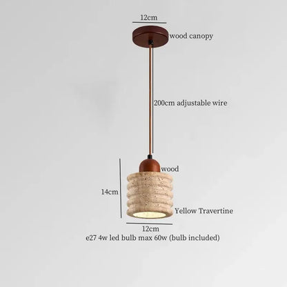 Rustic decorbites led pendant light with warm wood canopy, adjustable bronze wire, and stacked yellow travertine shade