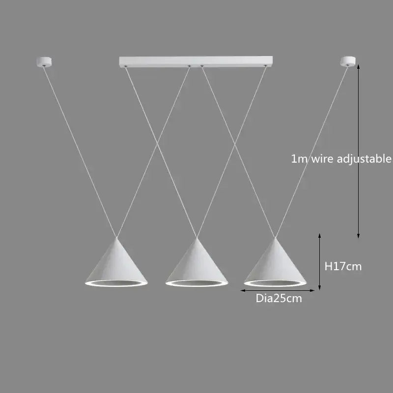 Modern white conical decorbites led pendant light with adjustable 1m wires and central mounting bar for kitchen island