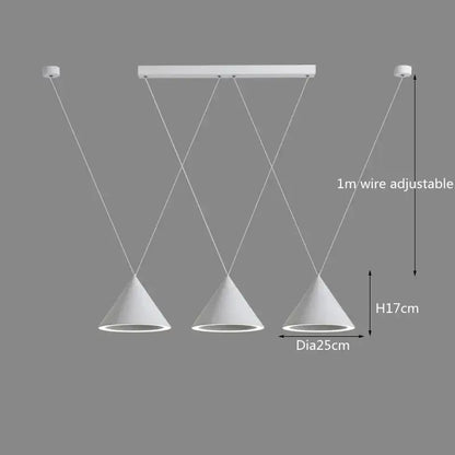 Modern white conical decorbites led pendant light with adjustable 1m wires and central mounting bar for kitchen island