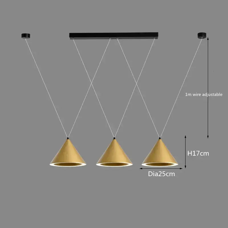 Modern gold-toned conical pendant light with black bar and adjustable white cords for decorbites led pendant lamp