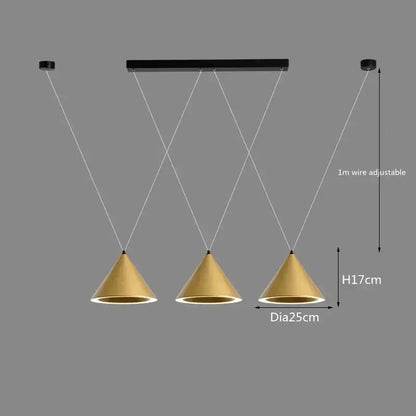 Modern gold-toned conical pendant light with black bar and adjustable white cords for decorbites led pendant lamp