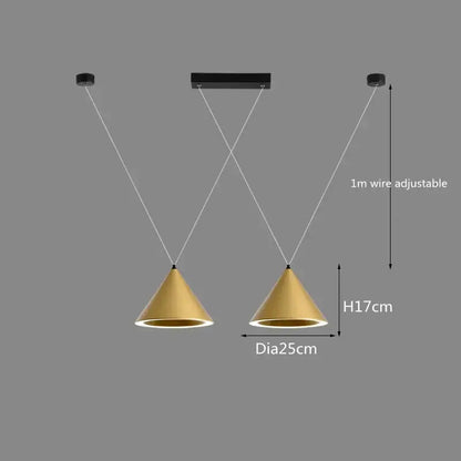 Modern gold cone-shaped pendant light with black mounts and adjustable white wires decorbites led pendant lamp