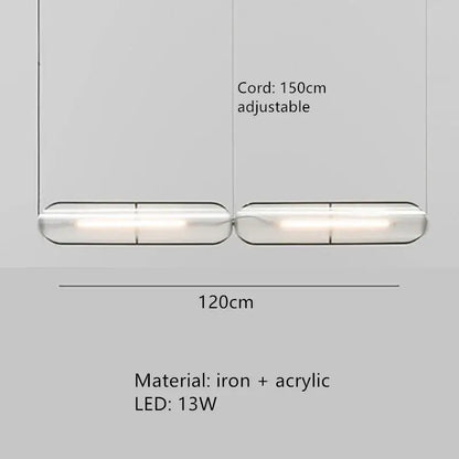 Modern minimalist decorbites led pendant with two elongated acrylic shades and adjustable iron cord for home and office lighting