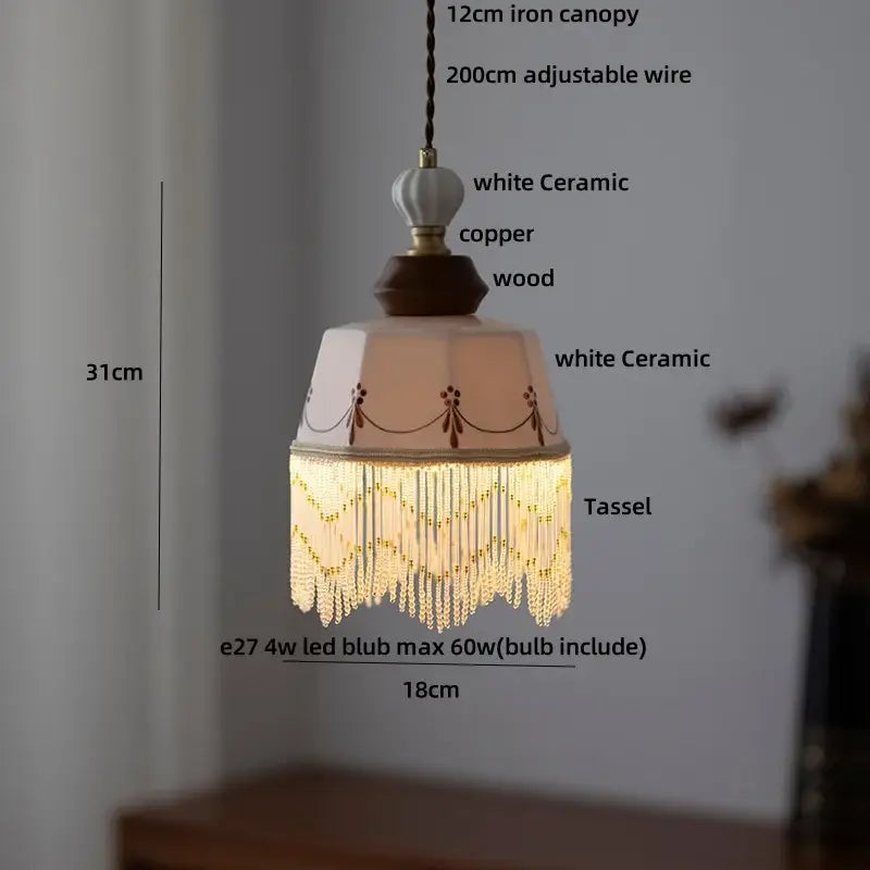 Decorbites led pendant lamp with peach ceramic shade copper accents and crystal tassels for modern home lighting