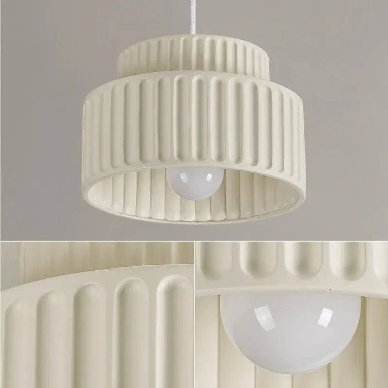 Cream-colored ceramic decorbites led pendant lamp with vertical ridged texture and rounded glass bulb for modern lighting