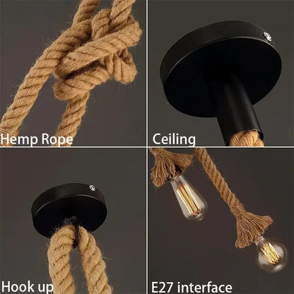Decorbites™ industrial-style pendant light with thick beige retro hemp rope and black metal mounting hardware
