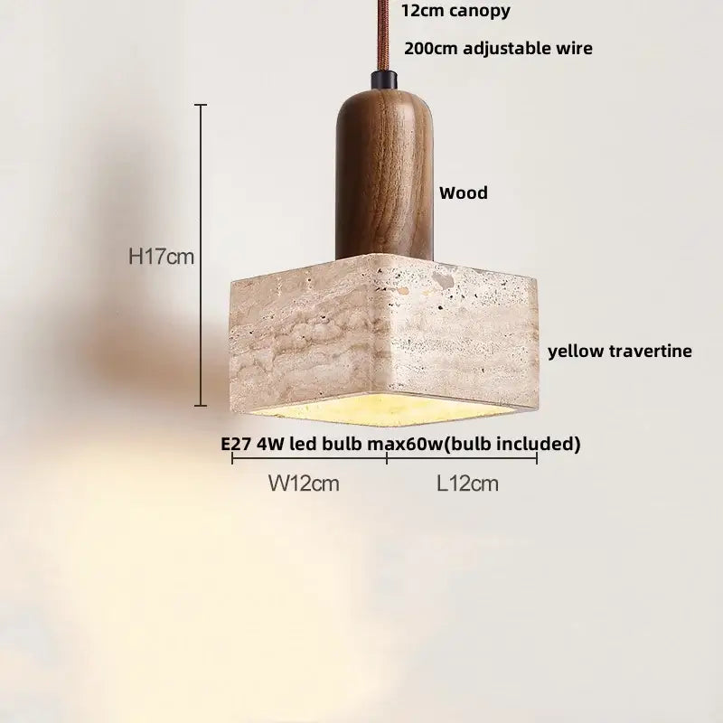 DecorBites™ led pendant lamp with warm wooden canopy and square textured yellow travertine shade for modern decor