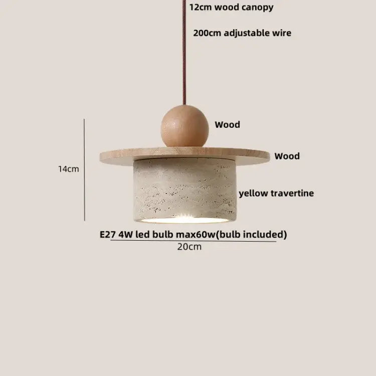 Minimalist decorbites led pendant lamp with round wooden canopy yellow travertine shade and wood sphere accent