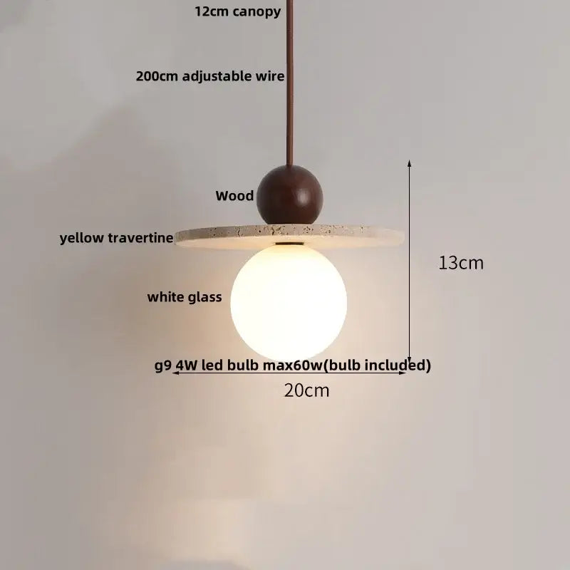 Modern DecorBites™ led pendant lamp with dark wood sphere, yellow travertine disc, and white glass globe for hanging lighting