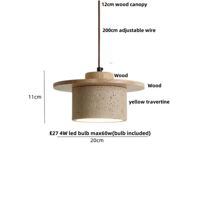 Modern decorbites led pendant lamp with 12cm wooden canopy yellow travertine cylindrical shade and adjustable wire suspension
