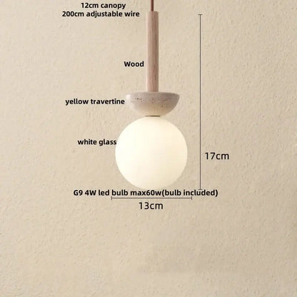 Minimalist DecorBites led pendant lamp with wooden canopy yellow travertine base and white glass globe hanging light