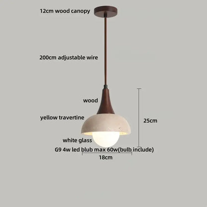 Decorbites led pendant lamp with yellow travertine shade white glass ball and 12cm wood canopy pendant lamp
