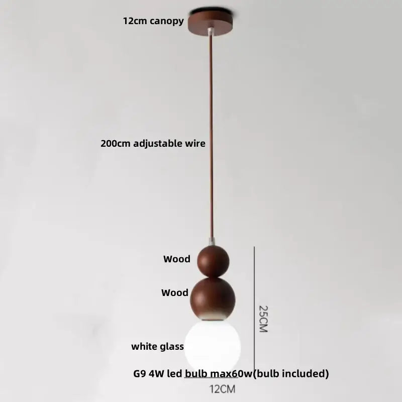 Minimalist DecorBites LED pendant lamp with two dark brown wooden spheres and white glass globe on adjustable wire