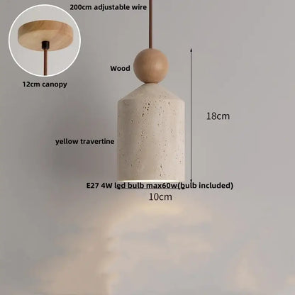 DecorBites led pendant lamp with a cylindrical yellow travertine body and wooden sphere suspended by adjustable wire