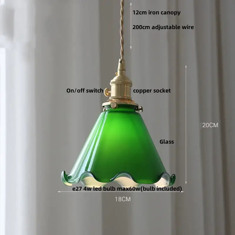 DecorBites led pendant lamp with vintage green glass shade brass fixture and adjustable wire suspension pendant lamp
