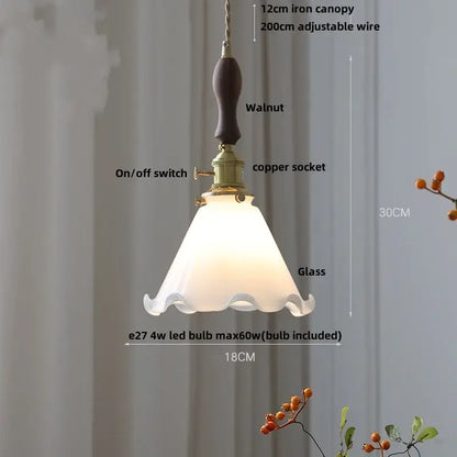 DecorBites led pendant lamp with warm frosted glass scalloped shade and dark walnut iron canopy with brass knob switch