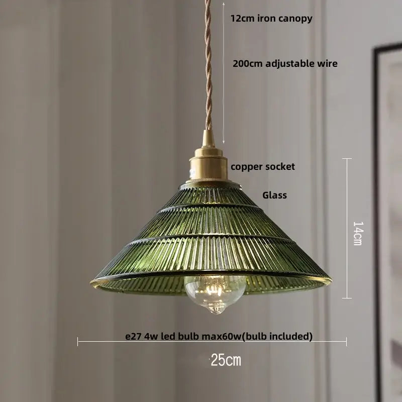 Green ribbed glass pendant lamp with brass copper socket and iron canopy from DecorBites led pendant lamp series