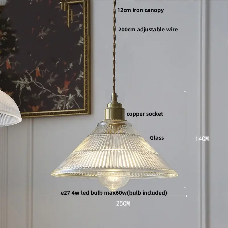 Vintage-style decorbites led pendant lamp with ribbed translucent glass shade and antique brass copper socket
