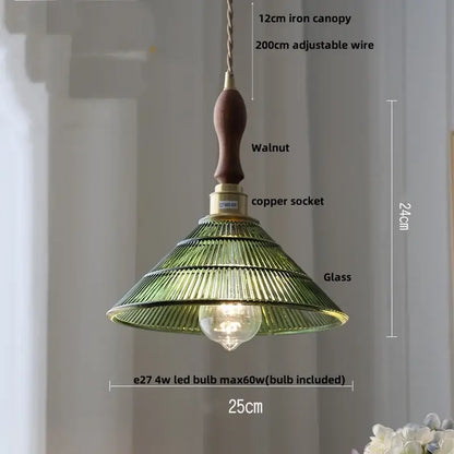 Green ribbed glass pendant lamp with walnut iron canopy copper socket by DecorBites LED pendant lamp