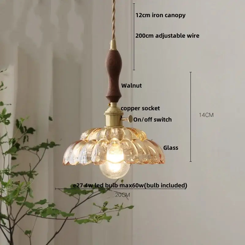 Decorbites led pendant lamp with warm green glass, walnut wood handle, brass accents, and adjustable hanging wire