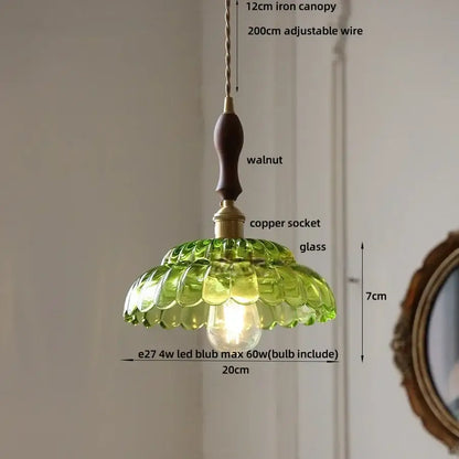 Green glass pendant lamp with walnut wood iron canopy and copper socket by DecorBites led pendant lamp